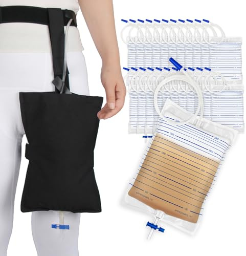 Juego de bolsas de drenaje urinario con 20 bolsas urinarias de 2000 ml, 1 soporte para bolsa de pierna de catéter que no se cae, bolsas de catéter con válvula antirreflujo y bolsas de drenaje de fácil