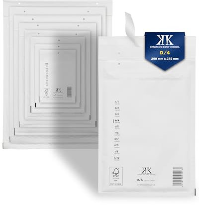KK Verpackungen 100x Luftpolster-Versandtaschen D4 D/4 200 x 275 mm (Außenmaß) in Weiß | Luftpolsterumschläge Luftpolstertaschen selbstklebend