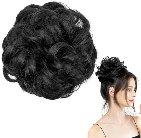 Haarteil Mit Gummiband, Groß Dutt in schwarz Gelockt, Haargummi mit Haaren für Hochsteckfrisuren Haarverlängerung Messy Bun Haarteile für Damen Mädchen Pferdeschwanz