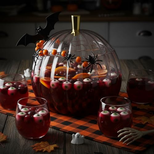 Meanplan Halloween Pumpkin Punch Bowl Set, 1.3 Gallon Plastic Punch Bowl with 6 Clear Cups and 1 Ladle, Spooky Halloween Party Drink Dispenser for Party Centerpiece Table Decoration