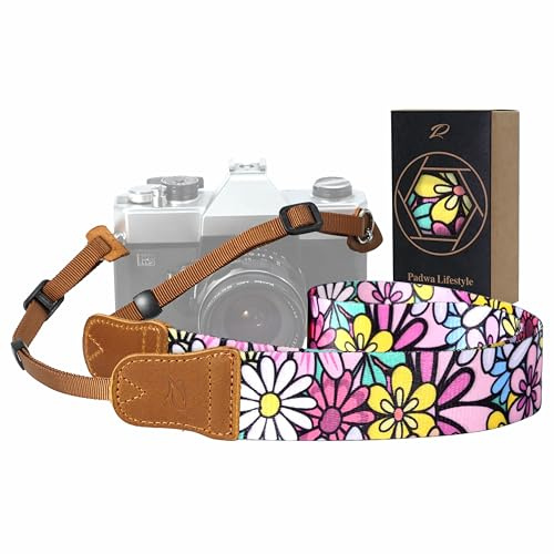 Padwa Lifestyle Camera Strap - 1.5 Soft Nylon Print Crazy Horse Cowhide Head Camera Straps for Photographers and All Cameras,Cute Adjustable Vintage Woven Strap for Adults & Kids(Sunshine Flower)