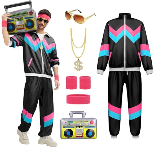 rumnigh Costume Fancy Shell Suit anni '80 '90 da uomo e da donna adulti, tuta da discoteca Hip Hop per Halloween, Carnevale e Festa (Nero, 2XL)