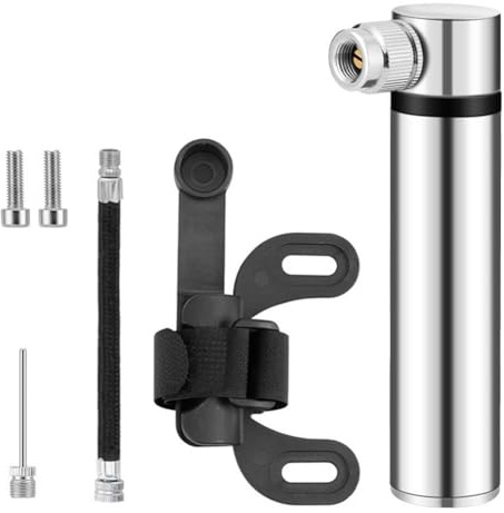 RichVibe Mini Bike Pump with Stand, 120 PSI Aluminum Alloy Portable High-Pressure Hand Air Pump with Detachable Hose, for Presta and Schrader Valves for Bicycle Tires, Sports Balls and Outdoor Use