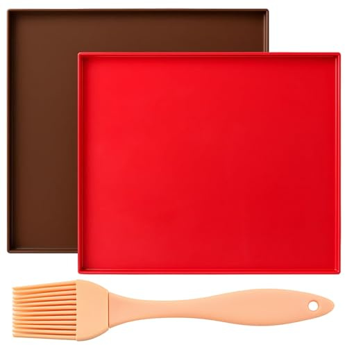 2 Stück Backunterlage Silikon + 1 Silikonpinsel, 30,5 x 25,5 cm Dauerbackmatte, Silikon Backmatte mit Rand, Ideal für Backofen, Spiralrollen, Kekse, Kaffeebrown + Rot