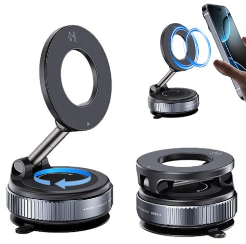 Soporte Móvil Coche Magnético, Ventosa Fuerte, 360° Rotación (Negro) | Agarre en vidrio salpicadero, plegado 180°, ABS metal resistente calor, compatible iPhone Android, uso hogar, oficina, viaje