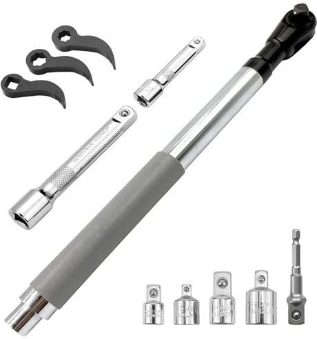 Offset Extension Wrench for Electric Drill, Ratcheting Wrenchs with 4 Socket Adapters, Pry Bar Adapter Heads and 1/2 Fixed Joint, Impact Ratchet Wrench Extender for Socket Sets, for Tight Spaces