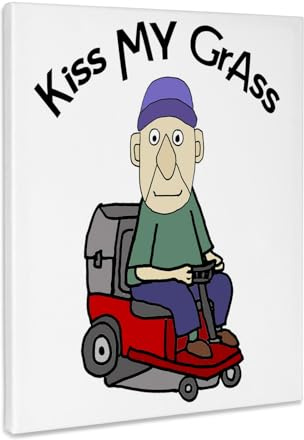 3dRose Funny Cute Old Man on Riding Lawn Mower Kiss my Grass Mowing Pun Museum Grade Canvas Wrap 16x20
