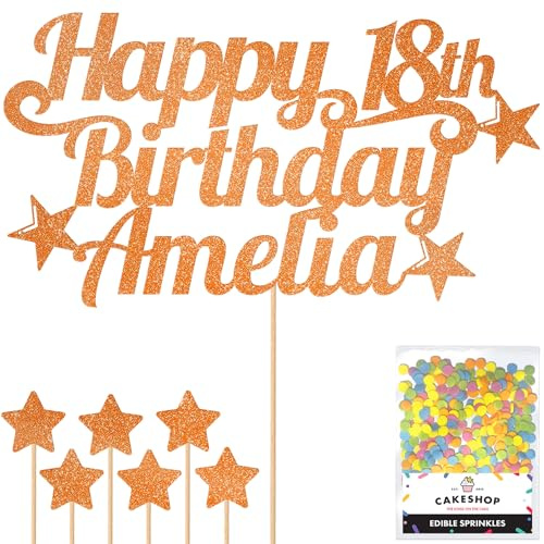 Cakeshop Personalised Happy Birthday Glitter Cake Topper - Copper Orange Any Name & Any Age Glitter Cake Decoration and Sprinkles - Happy Birthday Decorations - Custom Toppers for Cakes