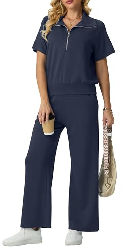 GRECERELLE Tracksuit Womens Full Set Summer Activewear Two Piece Outfits Lounge Wear Sets for Women Short Sleeve Half Zip Casual Pullover Tops and Jogging Bottoms with Pockets
