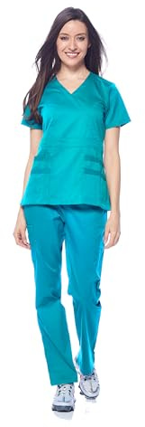 Dagacci Medical Uniform Women's Scrubs Set Stretch Ultra Soft Y-Neck Wrap Top and Pants Teal Green M