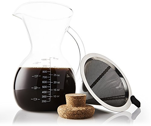 Apace Living Set Caffettiera Pour Over con Filtro Misurino da Caffè e Tappo in Sughero – Elegante Dripper per caffè con Caraffa in Vetro & Filtro Permanente in Acciaio Inox (1000 ml)