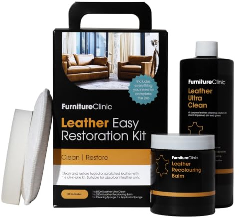 Furniture Clinic Easy Leather Restoration Kit (Medium Brown) | Includes Recolouring Balm, Ultra Clean, Sponge & Cloth for Furniture, Car Seats, Shoes & Bags
