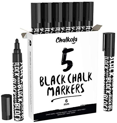 Chalkola svarta kritmarkeringspennor – pennor med flytande kritpennor, torra raderbara pennor för bistro, skifferpaneler, fönster, svart tavla, glas, vändbar spets, 6 mm (5 st)