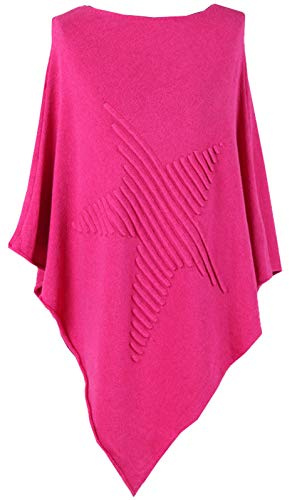 Ladies Italian Knitted Lagenlook Star Poncho Womens Ribbed Star Asymmetric Hem (Fuchsia, one Size fit to (10-20))