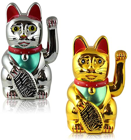 Winkekatze 2er Set Gold und Silber - Winkende Japanische Glückskatze - Wackelfigur Glücksbringer Büro Schreibtisch - Scherzartikel - Abschiedsgeschenk Kollege - Wichtel-Geschenk (Gold & Silber)