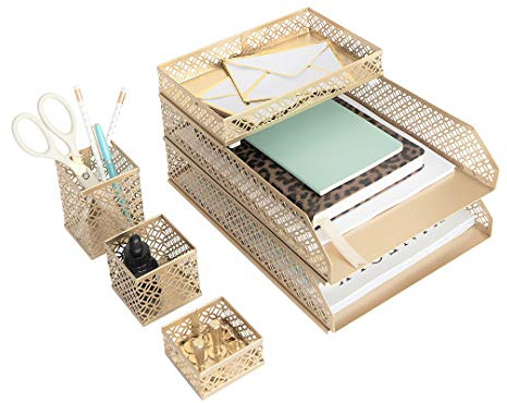 Blu Monaco Goldenes Schreibtisch-Organizer-Set für Frauen - 6-teiliges ineinandergreifendes Bürobedarf-Set, Stiftbecher, 3 Zubehörablagen und 2 Briefablagen, goldener Papierablagehalter