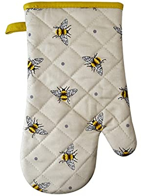 SiXsigma Foods Single Oven Gloves Heat Resistant For Cooking Gauntlet - Quick Dry Oven Mitts For BBQ, Grilling, Baking & Cooking For Women & Men (Bee Social)
