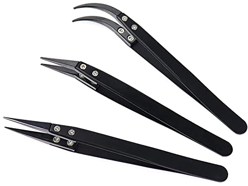 MMOBIEL 3-TLG Set Keramikspitzen Löt Pinzette Gerade Gebogen Hitzebeständig 1600 C / 3000 F für Elektronikreparaturen, Schmuck, Computer, Laborlötarbeiten usw. - Schwarz