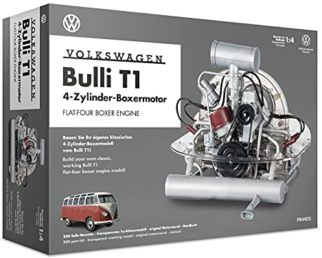 FRANZIS 67152 – Volkswagen VW Bulli T1 Boxermotor, originalgetreuer Motorbausatz des 4-Zylinder Motors im Maßstab 1:4, inkl. Soundmodul, Anleitung und 94-seitigem Begleitbuch