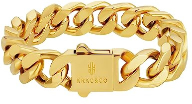 KRKC&CO 14mm Gold Kubanische Gliederarmband, Panzerkette Cuban Chains, Edelstahl Hip Hop Armband für Herren und Jungen, 22cm