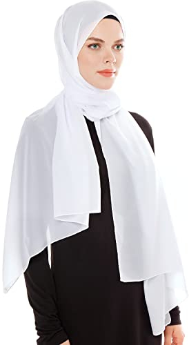 Kopftuch Damen Hijab - Weiß Chiffon Hijab Kopftuch Für Damen - Moderne Muslimisch Chiffon Hidzab Tuch Schal Kopftucher - Seidenweiche Tush Schal Für Frauen - Weiß