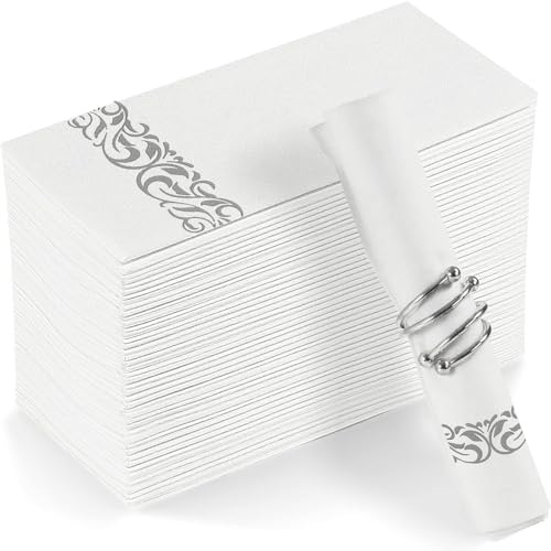 YIDUHAO White and Silver Napkins,Disposble Cloth Like Napkin,Line Feel,Pack of 50