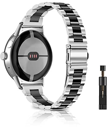 MiKoyi Armband kompatibelt med Google Pixel Watch ersättningsband rostfritt stål metallarmband män kvinnor klockarmband vattentätt slitstarkt band för Google Pixel Watch, silver + svart