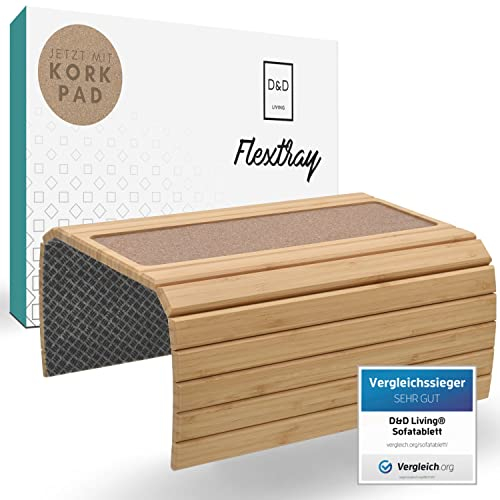 D&D Living® Sofatablett - Couch Ablage flexibel für Armlehne mit Anti-Rutsch Kork Pad | Tablett für Sofa mit 47x34 cm, nachhaltiges Bambus Natur Groß