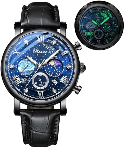 FANMIS Men's Classic Multifunctional Military Sports Analog Watch Business Dress Waterproof Luminous Chronograph Starry Sky Moon Phase Leather Wristwatch (Black)