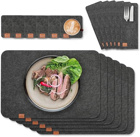 Van Henry Platzsets Filz Tischsets 18er Set- Abwaschbare Platzsets, Untersetzer & Bestecktaschen in Dunkelgrau für Tisch, Bar und Küche