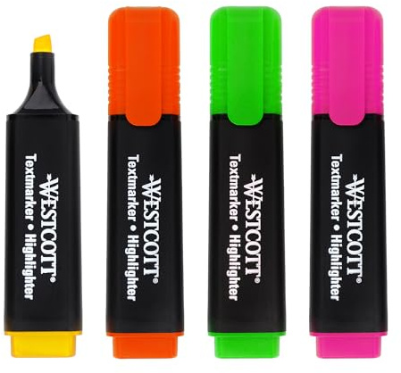Westcott highlighter markers 4 pieces in green, yellow, orange, pink | 4-pack highlighter markers in bright colours | 2-5 mm line width | premium ink from Germany | E-744249 00