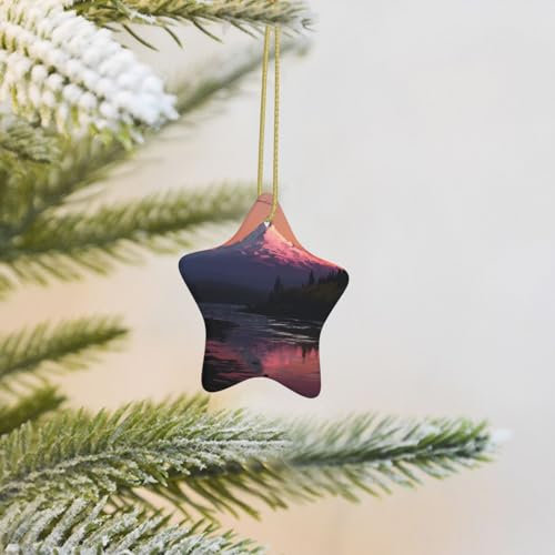 2023 Weihnachtsbaumschmuck Sonnenuntergang Landschaft Berge See Hängende Stern Ornamente Weihnachten Keramik Porzellan Dekorationen Baum Hängende Ornamente für Zuhause Urlaub Dekor Hochzeitsgeschenke