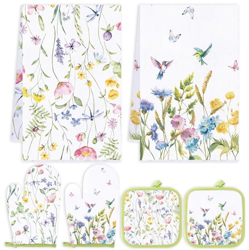 Qinyoung 6 Pcs Spring Floral Kitchen Towels Pot Holders and Oven Mitts Set Flowers Farmhouse Absorbent Dish Towels Heat Resistant Pot Holders and Oven Mitts for Cooking Baking