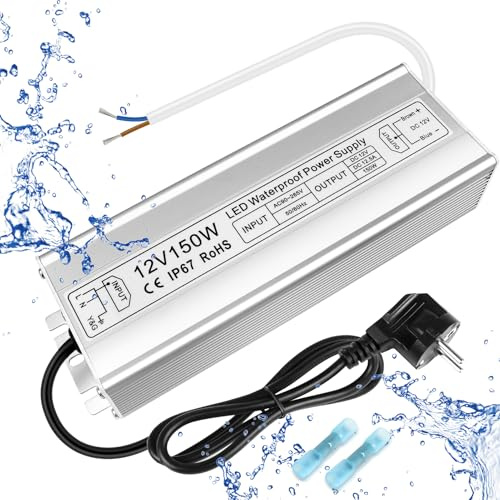 inShareplus Trasformatore LED 12 V 12,5 A 150 W IP67 impermeabile driver per esterni, AC 90-265 V a DC 12 volt a bassa tensione, alimentatore da 12 V per luce LED, progetto computer, uso esterno