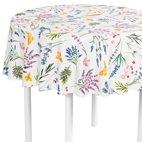 LILENO HOME Tischdecke abwaschbar als Meterware 140 cm rund (Schnittkante) in Blumenwiese Motiv - Wachstuchtischdecke wasserabweisend ideal als Tischtuch o. Tischläufer für Bierzeltgarnitur