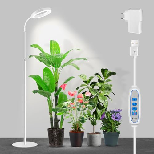 Garpsen Grow Light, Volles Spektrum LED Bodenpflanzenlicht mit Timer 6/12/16H, 3 Farbmodi Grow Lampe mit Basis, 5 Dimmbare Ebenen, 23''~67''justable Höhe für Indoor große oder kleine Pflanzen (weiß)