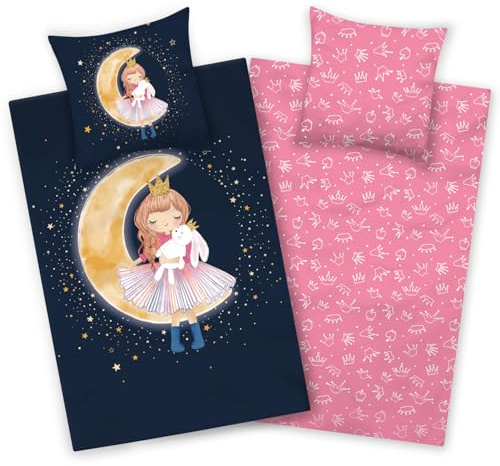 Aminata kids sängkläder 135 x 200 barn flickor bomull prinsessa fe vändbart set för barn med YKK-dragkedja blå rosa – månkrona älva fairy