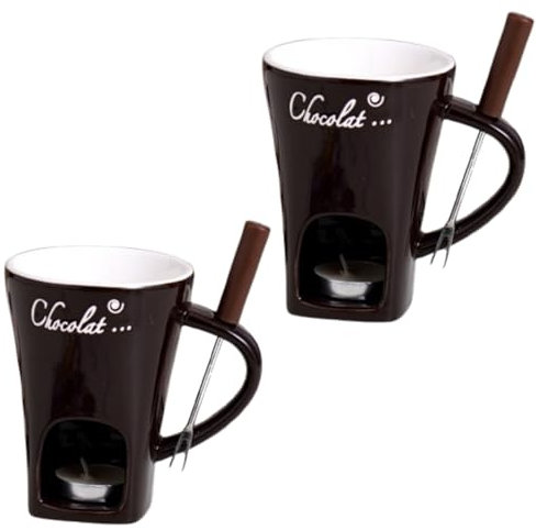 2PCS Fondue Chocolat Bougie, Tasses à Fondue Au Chocolat, Céramique, Tasse à Fondue Candy 130 Ml avec Fourchette pour Dîner Chauffe-Beurre Tapas à La Maison, Fondoir pour Chocolat et Fromage, Brun