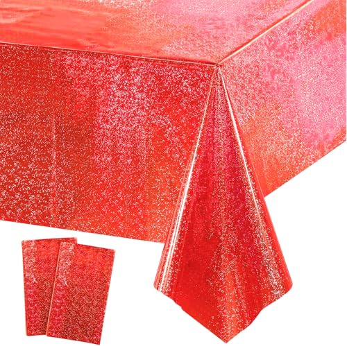 Party Tischdecke Rot Glitzer - Geburtstag Tischdecken Foil Plastik Einweg Party Deko für Spiderman Stranger Casino Cars Zirkus Las Vegas Ladybug Fasching Valentinstag Karneval Party