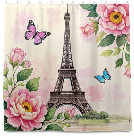 miaozhen Tenda da doccia in tessuto impermeabile con gancio, 182 x 183 cm, motivo romantico torre Eiffel, in poliestere, lavabile, per vasca da doccia, cortine per ba?o Elegantes