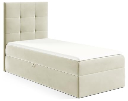 MEBLINI Kinderbett mit Bettkasten - Gepolstert Einzelbett mit Matratze - Polsterbett mit Stauraum - Bett mit Kopfteil - Stauraumbett - MINO 2-90x200 Links - H3/Creme Samt