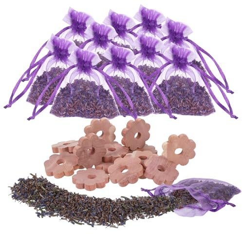 Protezione antitarme in legno di cedro per guardaroba, sacchetti di lavanda, contiene 10 sacchetti di lavanda e 20 anelli in legno di cedro a forma di fiore, sacchetti profumati alla lavanda, per