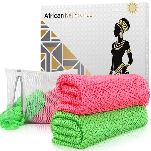 ACLMFUP Real African Net Sponge - 2 Pieces Authentic Exfoliating Body Scrubber - Gentle for All Skin Types, Durable & Easy Rinse (Rose Red & Green)