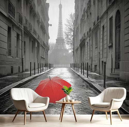 JEDTAKCT Papier Peint 3D Panoramique Motif Rues De Paris Tour Eifel Vintage Papier Peint Poster, Gris Anthracite Muraux Photo Pour Salon Chambre Restaurant Couloir Tv Fond Décor Mural 400X280Cm