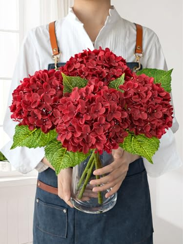 JINWOE Hydrangea Artificial Flowers, Lifelike Latex Silk Real Touch Faux Hydrangea Flowers, Artificial Hydrangeas Bouquet for Wedding Centerpieces Tables Party Home (Red)
