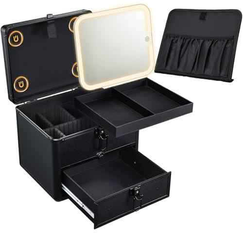 Vanity Case with LED Mirror Makeup Box Removable Light Up Mirror Portable Beauty Case Makeup Artist Carry Vanity Box with Adjustable Dividers and Makeup Brush Holder (Black with Drawer)
