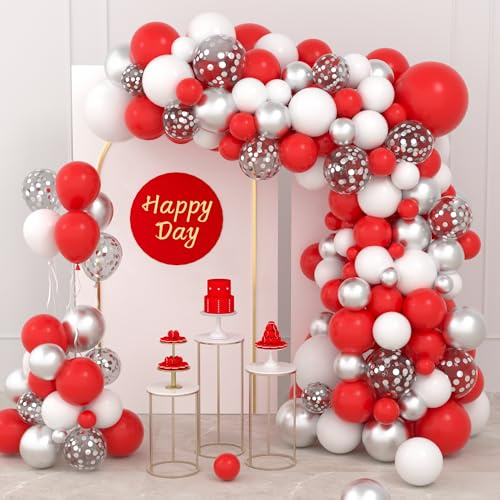 Ballongirlandenbogen-Set für Geburtstag, Hochzeit, Abschlussfeier, Babyparty, Jahrestag, Wald, Abschlussfeier, Dschungel, Traktor, Fußball, Party-Dekoration (rot weiß silber Konfetti)