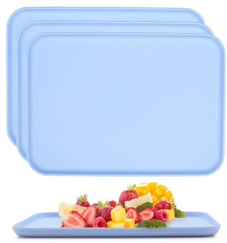 Vyranut Paquete de 4 bandejas rectangulares de plástico para cocina, bebidas, aperitivos, té, café, desayuno, ligeras y duraderas (azul)