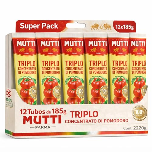 Concentrado de tomate triple Mutti, Pasta de Tomate Triple Concentrada, Hecho de pomodoro 99,6%, sal, Sin Gluten, Sin Lactosa, Sin huevos, Producto Italiano, Contiene 12 tubos de 185 gr