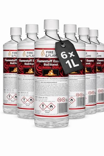 Bioethanol Rosenduft Ultra Premium – 6 x 1L Flamestuff Essence 96,6% Brennstoff – dezenter Rosenduft – 1 Liter Flaschen - Rauchfrei für Ethanol Kamin, Tischkamin & Wandkamin – Indoor Feuerstelle